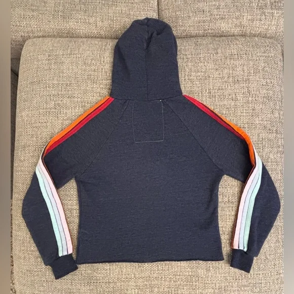 Aviator Nation 🌈 Navy Pastel Stripes Crop Hoodie Size Extra Small Like New - Picture 3 of 6